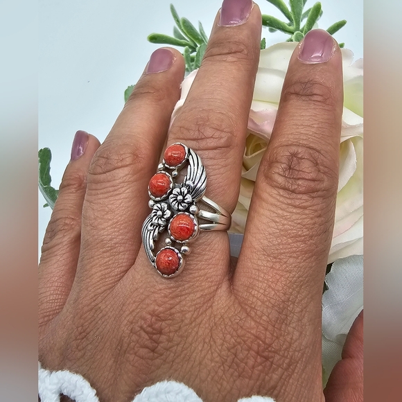 ♥️ CORAL FLOWER STERLING SILVER RING - Picture 3 of 4